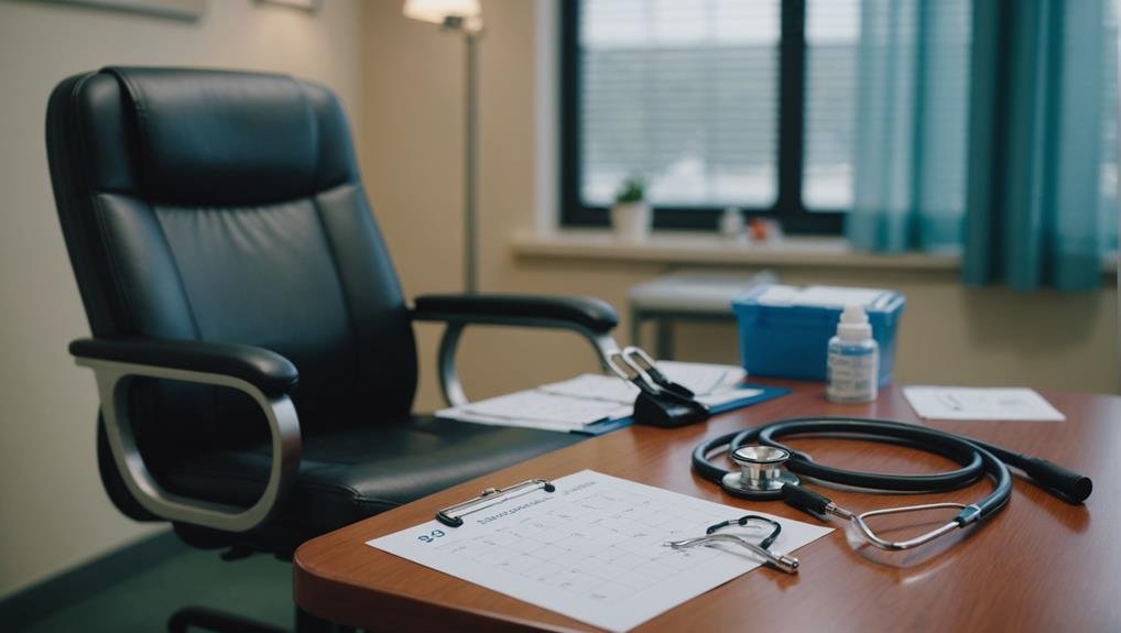 Empty chair in doctor's surgery representing a doctor absent from work due to disability