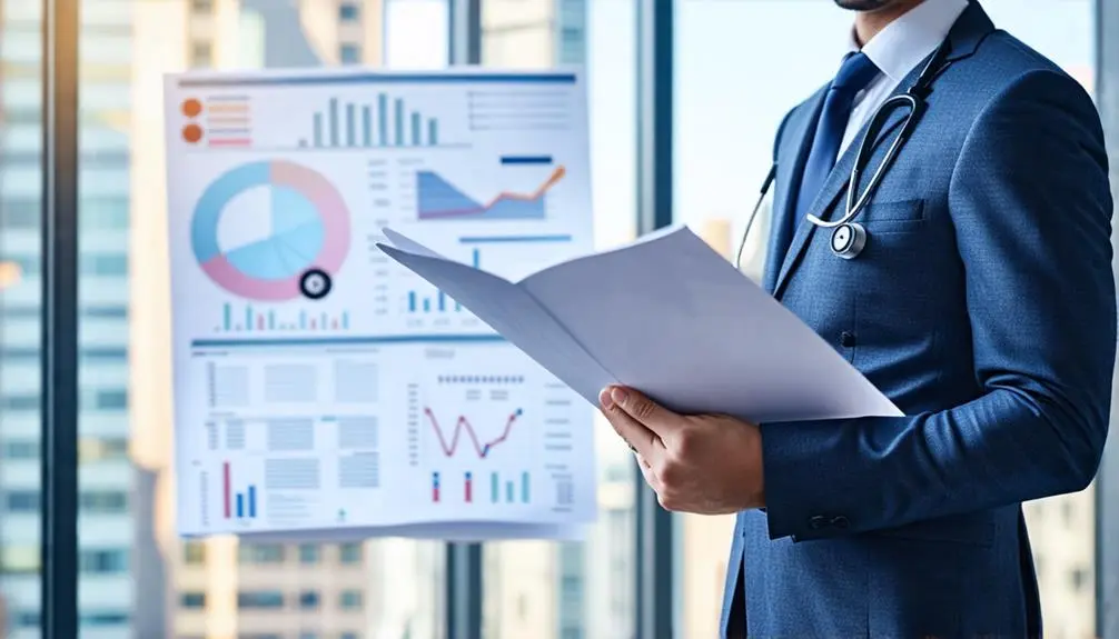 Doctor holding documents in front of screen displaying various financial charts