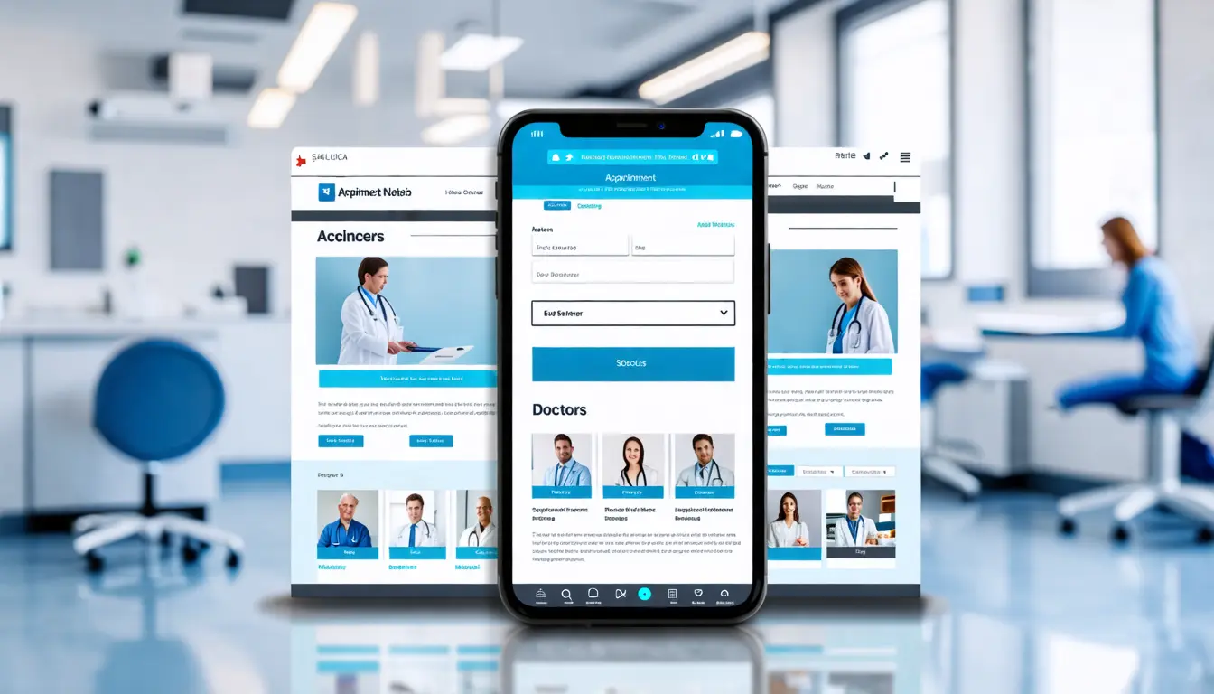 Example of a mobile phone doctors website home page against an inside view of a healthcare clinic in the background