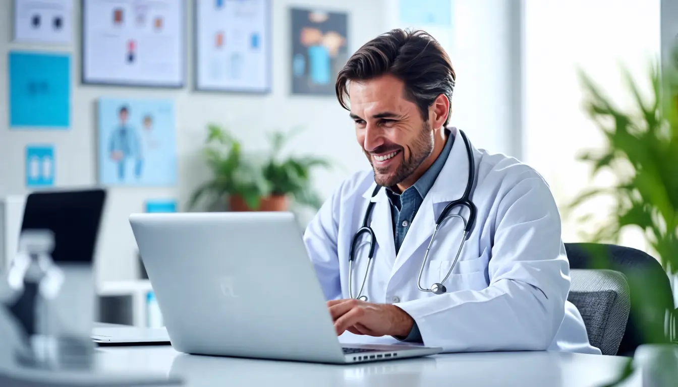 Smiling physician using laptop to connect with social media followers