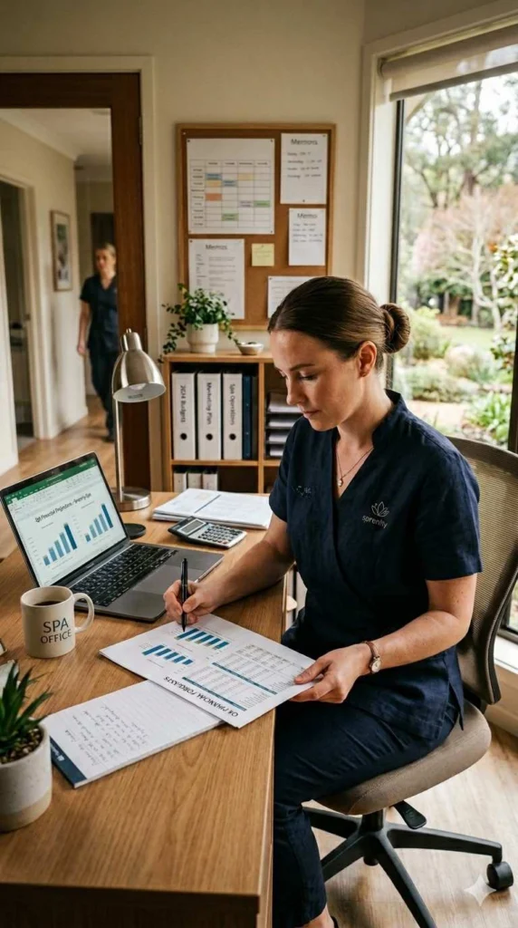 Shows Med Spa Owner in the office reviewing financial reports Med Spa Owner seated at office desk reviewing financial reports